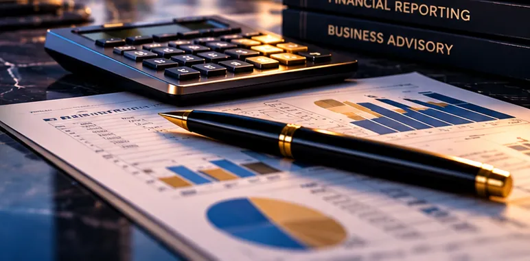 Financial reports with a pen and calculator
